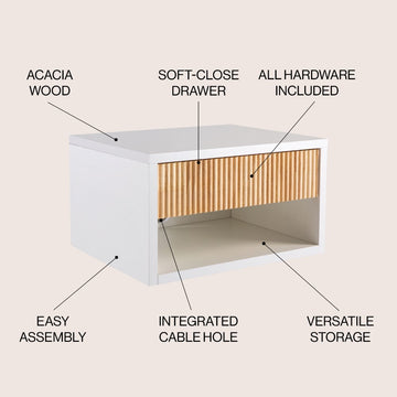 Elise 15.71" Classic Contemporary Floating Wall Mounted Nightstand with Soft-Close Tambour Drawer and Cable Hole - JONATHAN Y